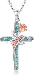 wholesale 925 Sterling Silver Turquoise Rose Mom Cross Pendant Necklace for Women-0-0