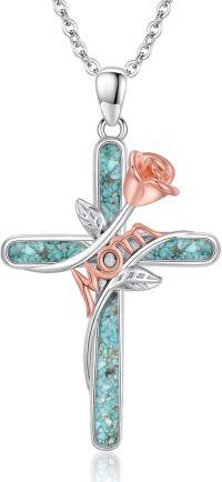 wholesale 925 Sterling Silver Turquoise Rose Mom Cross Pendant Necklace for Women-Rose