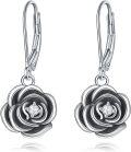 wholesale 925 Sterling Silver Black Enamel Floral Leverback Earrings with CZ Center (Rose)-0-0