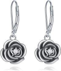 wholesale 925 Sterling Silver Black Enamel Floral Leverback Earrings with CZ Center (Rose)-Rose