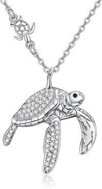 wholesale 925 Sterling Silver CZ Embellished Sea Turtle Charm Necklace with Extender Chain (14+3)-1-Turtle (with Little Turtle)