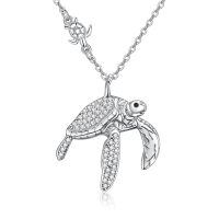 wholesale 925 Sterling Silver Sea Turtle Pendant Necklace Platinum Plated Pave Cubic Zirconia For Women-1-Turtle (with Little Turtle)