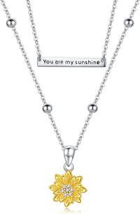 wholesale 925 Sterling Silver You Are My Sunshine Bar & Yellow Gold Plated Sunflower Charm Double Chain Necklace-Sunflower