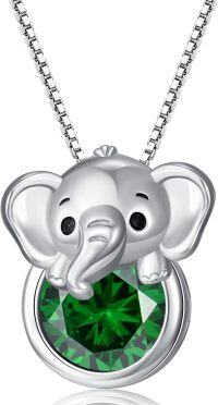 wholesale 925 Sterling Silver Birthstone Elephant Pendant Necklace for Women-May - Emerald