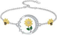 wholesale S925 Sterling Silver Cubic Zirconia Sunflower Bee Charm Bracelet Adjustable Gift for Women-Sunflower Moon