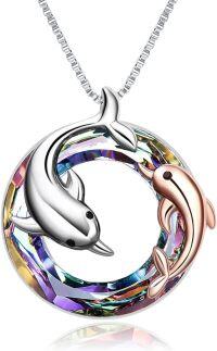 wholesale  Sterling Silver Crystal Dolphin Necklace Mother Daughter Ocean Jewelry Gift -Purple crystal
