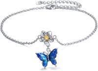wholesale 925 Sterling Silver Blue Enamel Butterfly Flower Charm Anklet Bracelets for Women Girl's-Butterfly chain anklets