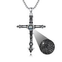 wholesale 925 Sterling Silver Oxidized Cross Pendant Necklace With Multilingual Love Projection Stone-Cross-2