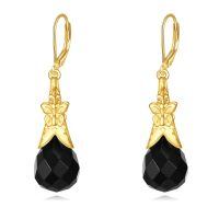 wholesale 925 Sterling Silver Black Onyx Butterfly Drop Earrings 14k Gold Plated-Black