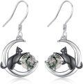 wholesale 925 Sterling Silver Moon & Moss Agate Black Cat Dangle Earrings for Women-0-0