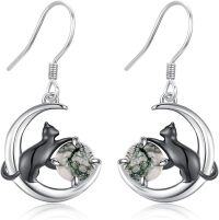 wholesale 925 Sterling Silver Moon & Moss Agate Black Cat Dangle Earrings for Women-Dangle
