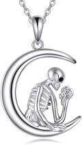 wholesale 925 Sterling Silver Halloween Skull Moon Pendant with Rose Stone, 18+2 Chain, Gift for Women Men-0-0