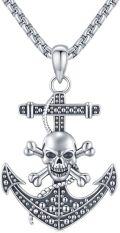 wholesale 925 Sterling Silver Anchor Skull Cross Bone Pendant Necklace  for Men Gothic Punk  48cm Chain Length-0-0