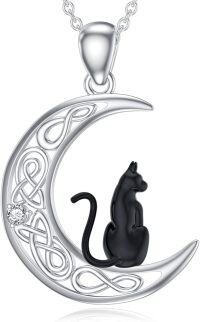 wholesale 925 Sterling Silver Crescent Moon Black Cat Pendant Necklace with Cubic Zirconia for Women-Moon & Black Cat
