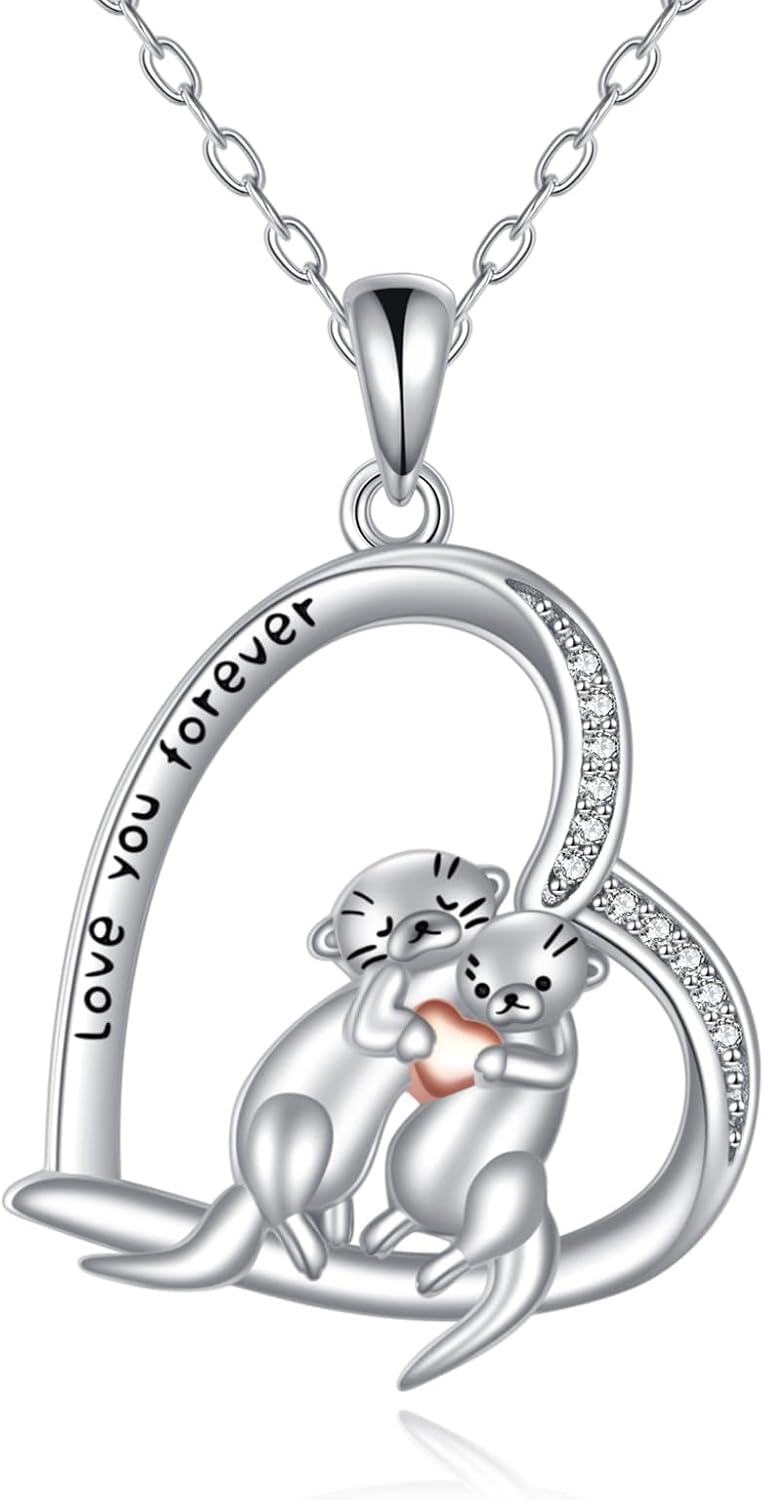 wholesale 925 Sterling Silver Otter Love You Forever Heart Pendant Necklace for Women Girls Gifts-0-0