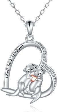 wholesale 925 Sterling Silver Otter Love You Forever Heart Pendant Necklace for Women Girls Gifts-Otter