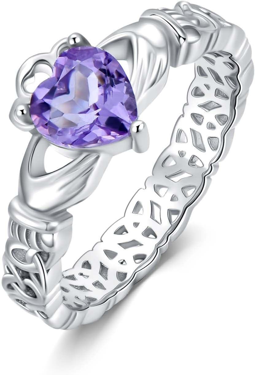 Sterling Silver Amethyst Claddagh Ring for Women Irish Heart Jewelry Gift-Style 2 # 3