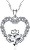 wholesale 925 Sterling Silver April Birthstone Irish Claddagh Necklace with Heart Pendant for Women, Gift for Her, 20mm, 18+2 Extender Chain-0-0