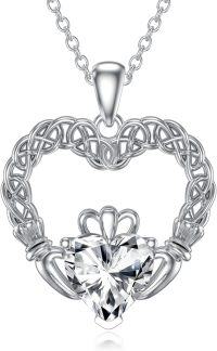 wholesale 925 Sterling Silver April Birthstone Irish Claddagh Necklace with Heart Pendant for Women, Gift for Her, 20mm, 18+2 Extender Chain-April(Created Diamond)