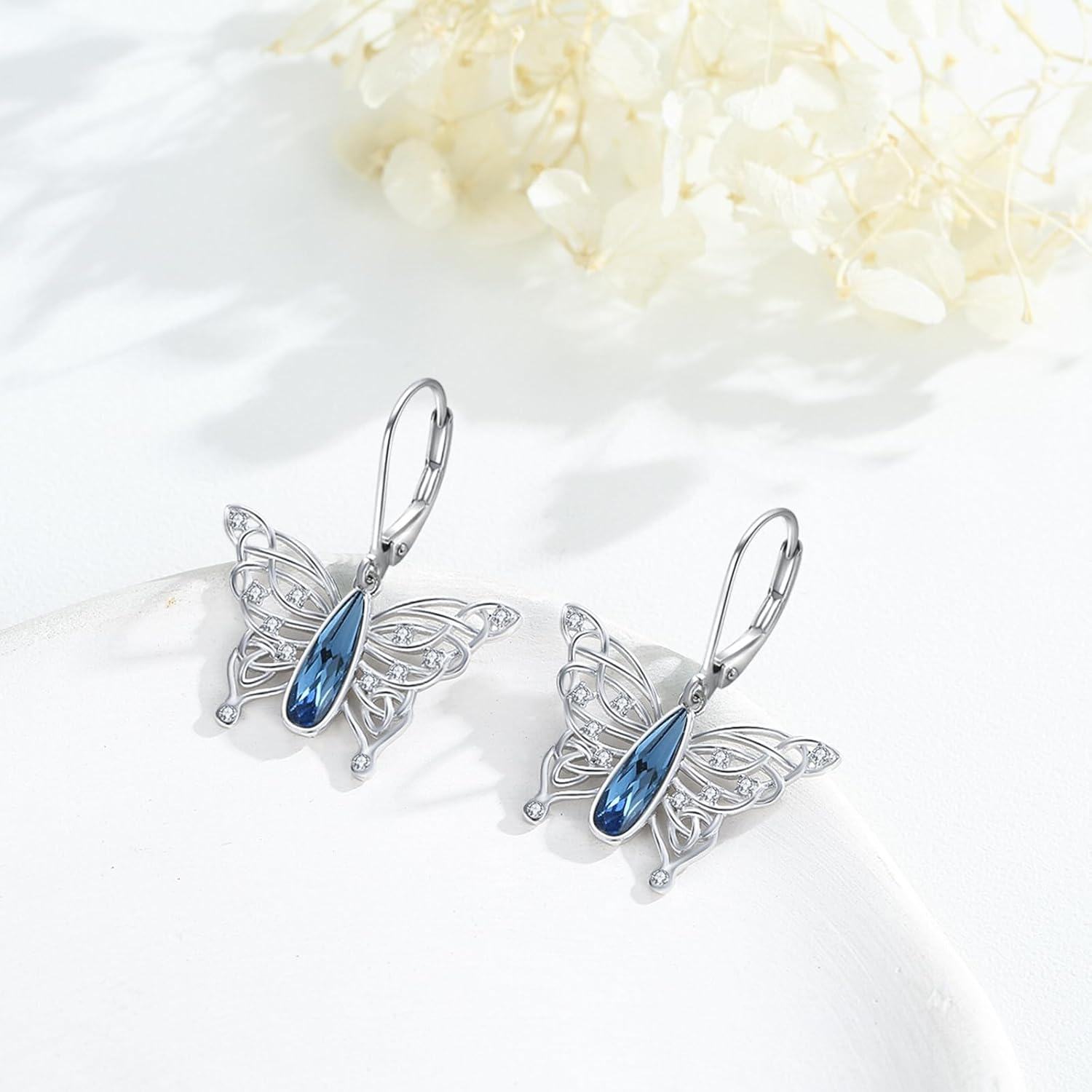wholesale 925 Sterling Silver Blue Crystal Butterfly Drop Earrings for Women-0-3