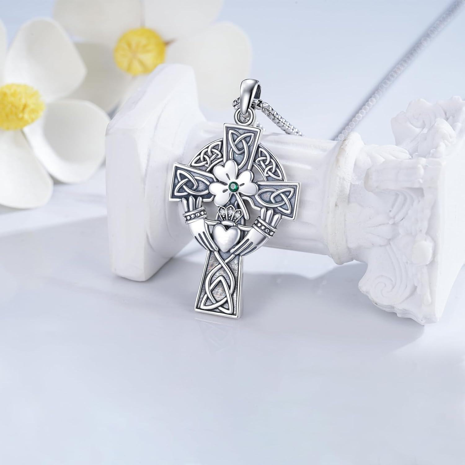 925 Sterling Silver Celtic Cross Pendant with Green Emerald and Trinity Knots - Mens Womens Christian Religious s-0-2