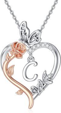 wholesale Sterling Silver Rose Heart Butterfly Initial Necklace for Women Anniversary Mother s Day Birthday Gift for Her Wife Girlfriend Mom-C Initial