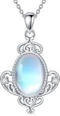 wholesale 925 Sterling Silver Oval Rainbow Moonstone & Cubic Zirconia Pendant Necklace for Women-0-0
