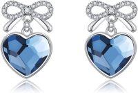 wholesale 925 Sterling Silver Blue Heart CZ Bow Stud Dangle Earrings for Women-bow