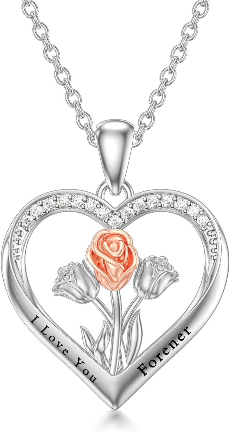  Sterling Silver Tulips Rose Sunflower Lotus Pendant Necklace Jewelry Gift -02-Rose
