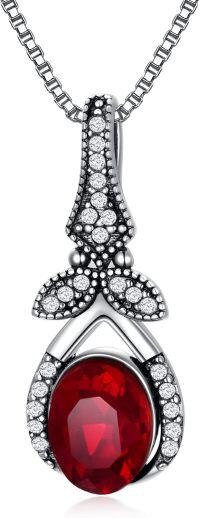 wholesale Sterling Silver Crystal Vintage Necklace 925 Retro Oxidized Dainty Pendant w 8 6 Oval Birthstone Women s Gift-Red