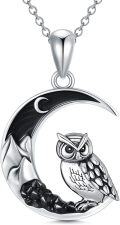 wholesale 925 Sterling Silver Moon & Owl Pendant Necklace for Women Girls Gifts Jewelry Accessories 45cm Chain Length-0-0