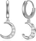 wholesale 925 Sterling Silver Crescent Moon CZ Drop Hoop Earrings for Women Girls  4cm Long-0-0