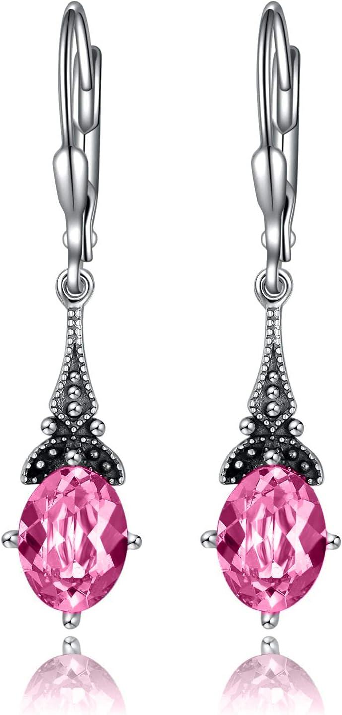 Sterling Silver Austrian Crystal Vintage Drop Dangle Leverback Earrings-Simulated Tourmaline Pink
