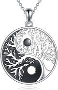 wholesale 925 Sterling Silver Yin Yang Tree of Life Pendant Necklace with Black Stone Accents-0-0