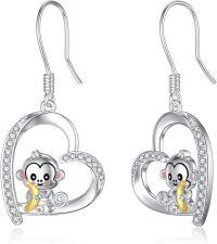 wholesale 925 Sterling Silver Heart-Shaped Monkey Pendant Drop Earrings with Cubic Zirconia Accents-Monkey