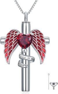 wholesale Sterling Silver Birthstone Angel Wing Cross Rose Heart Cremation Urn Necklace for Women with Funnel Kit ( chars)-Cross Personalized 01-Jan-Garnet-Cross Non-personalized 07-Jul-Ruby-Cross Personalized 07-Jul-Ruby