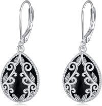 wholesale 925 Sterling Silver Peridot Pink Opal Larimar Black Onyx Lapis Lazuli Filigree Teardrop Earrings-Black and Silver Onyx earrings