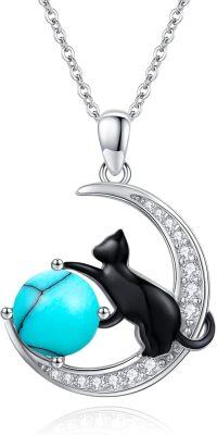 wholesale 925 Sterling Silver Turquoise Moon Cat Pendant Necklace for Women's -A01 - Cat (Turquoise)