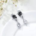 wholesale 925 Sterling Silver Black Rose Stud Dangle Earring with Crystal Drops - Gothic Punk Style Jewelry for Women-0-2