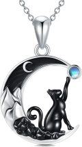 wholesale 925 Sterling Silver Moon & Black Cat Necklace with Blue Stone and Crystal Pendant-0-5