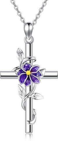 wholesale 925 Sterling Silver Purple Enamel Flower Cross Pendant Necklace for Women-Larkspur