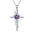 wholesale 925 Sterling Silver Floral Cross Pendant Necklace w/ Pink Carnation & White Daisy Stones - Elegant Gift for Her-0-0