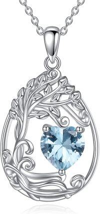 wholesale Sterling Silver Tree of Life Teardrop Pendant Gemstone Necklace-03-Mar-Aquamarine