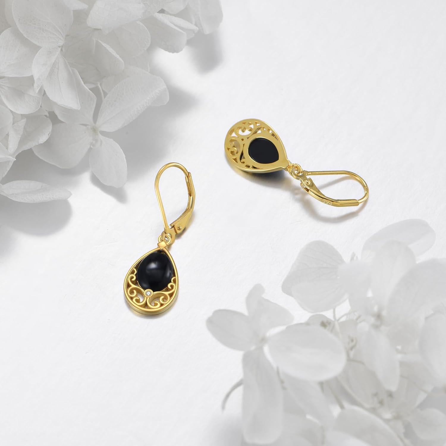 14K Gold Plated Sterling Silver Black Onyx Dangle Leverback Earrings-0-4