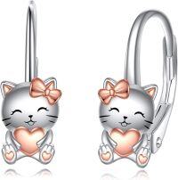 wholesale 925 Sterling Silver Heart-Shaped Kitty Bowknot Huggie Hoop Earrings Gift for Girls and Women-Cat
