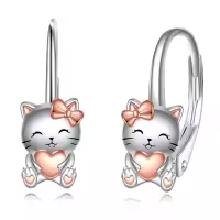 wholesale 925 Sterling Silver Heart-Shaped Kitty Bowknot Huggie Hoop Earrings Wholesale Gift for Girls and Women-Cat