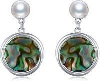wholesale 925 Sterling Silver Round Green Shell Drop Dangle Earrings with White Freshwater Pearls and Gold Plated Hooks for Women Girls  3cm Long-Silver Abalone Shell
