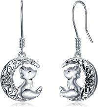 wholesale 925 Sterling Silver Celtic Fox on the Moon Drop Earrings - Cute Gifts for Women-Moon Fox