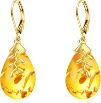 wholesale 925 Sterling Silver Teardrop Earrings with Amber and Gold Leaves-Leaf Amber Earrings Gold