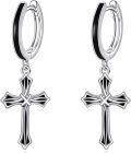 wholesale 925 Sterling Silver Black Enamel Gothic Cross Huggie Hoop Earrings for Men & Women-0-0